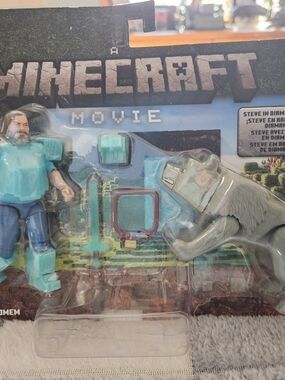 Mattel Minecraft Movie Steve Figure with Gray Wolf and Aqua Armor